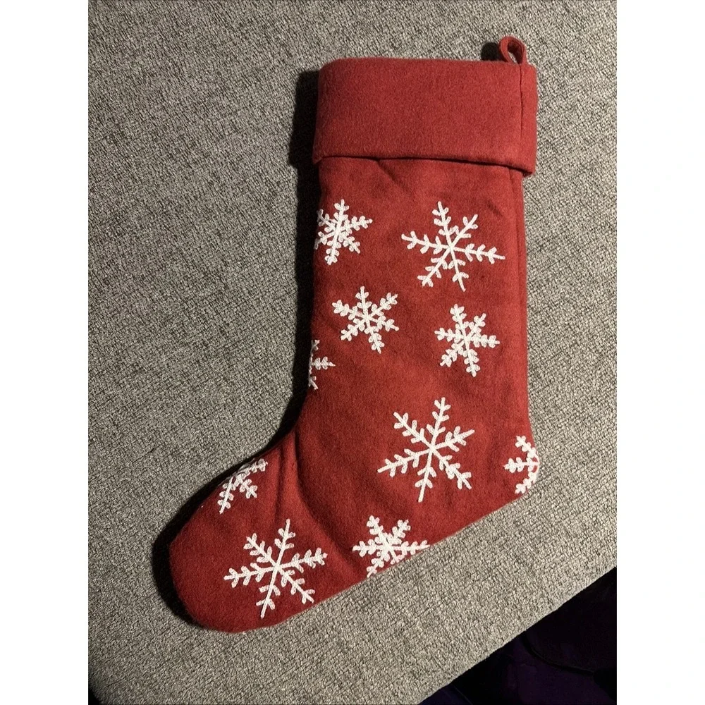 Pottery Barn Red Wool Blend Christmas Stocking Embroidered Snowflakes